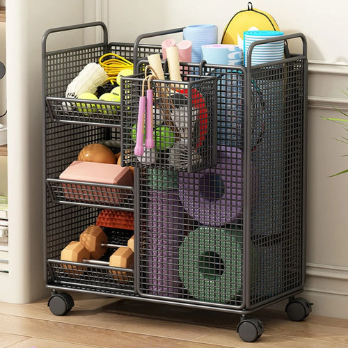 50 x 25 x 60cm Storage Rack with Wheels / Side Basket Yoga Mat Organizer Exercise Equipment Container Holder - Black - 1