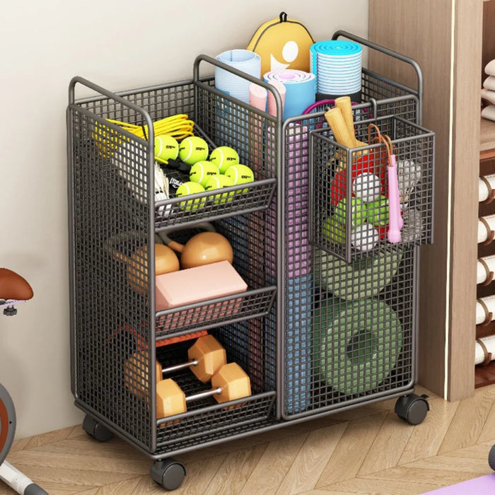 50 x 25 x 60cm Storage Rack with Wheels / Side Basket Yoga Mat Organizer Exercise Equipment Container Holder - Black - 2