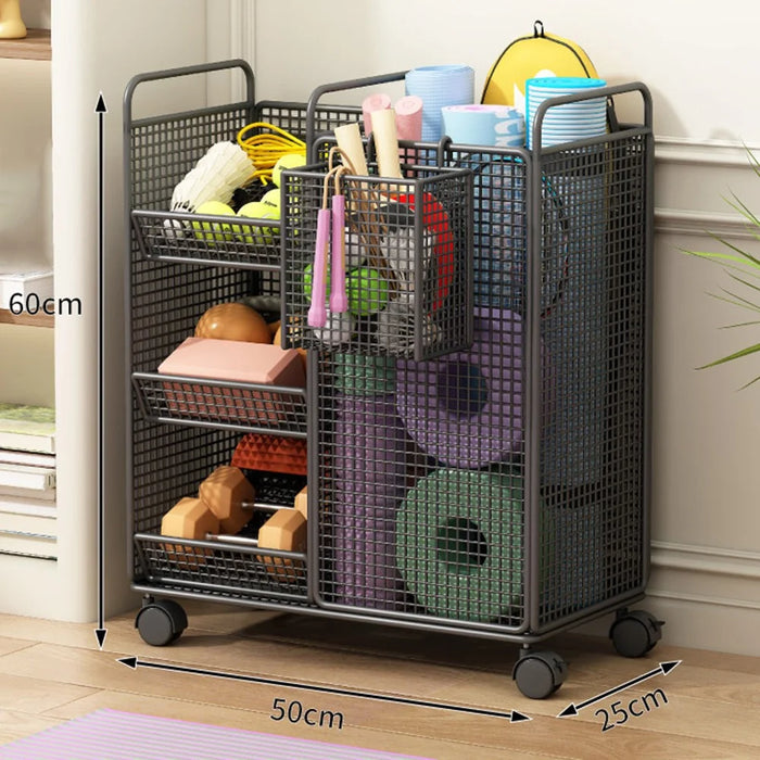 50 x 25 x 60cm Storage Rack with Wheels / Side Basket Yoga Mat Organizer Exercise Equipment Container Holder - Black - 3