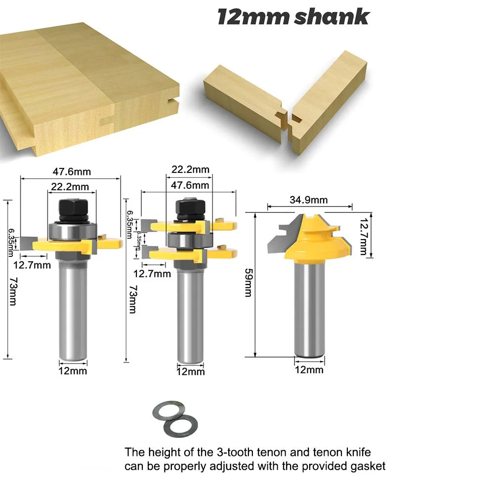 3Pcs 12mm Shank Router Bit Set 3-Teeth 12x47+45-Degree + 12x1-3 / 8 Woodworking Wood Cutter Groove Milling Tool - 4