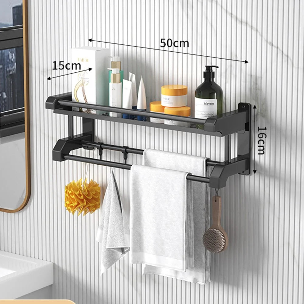 Single Layer 50cm Bathroom Towel Rack Organizer Stainless Steel Wall Mounted Storage Shelf with 6 Hooks - Black - 4