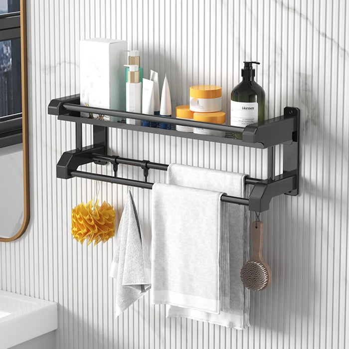 Single Layer 60cm Bathroom Towel Rack Organizer Stainless Steel Wall Mounted Storage Shelf with 6 Hooks - Black - 1