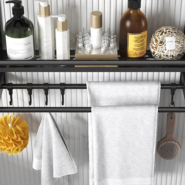 Single Layer 60cm Bathroom Towel Rack Organizer Stainless Steel Wall Mounted Storage Shelf with 6 Hooks - Black - 2