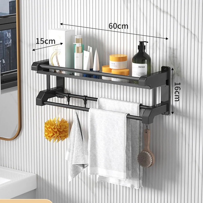 Single Layer 60cm Bathroom Towel Rack Organizer Stainless Steel Wall Mounted Storage Shelf with 6 Hooks - Black - 4