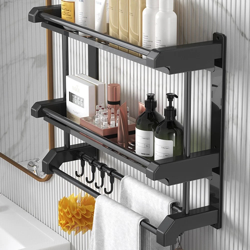 Dual Layer 40cm Bathroom Towel Rack Organizer Stainless Steel Wall Mounted Storage Shelf with 6 Hooks - Black - 5