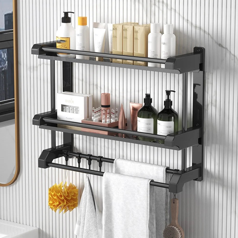 Dual Layer 50cm Bathroom Towel Rack Organizer Stainless Steel Wall Mounted Storage Shelf with 6 Hooks - Black - 1