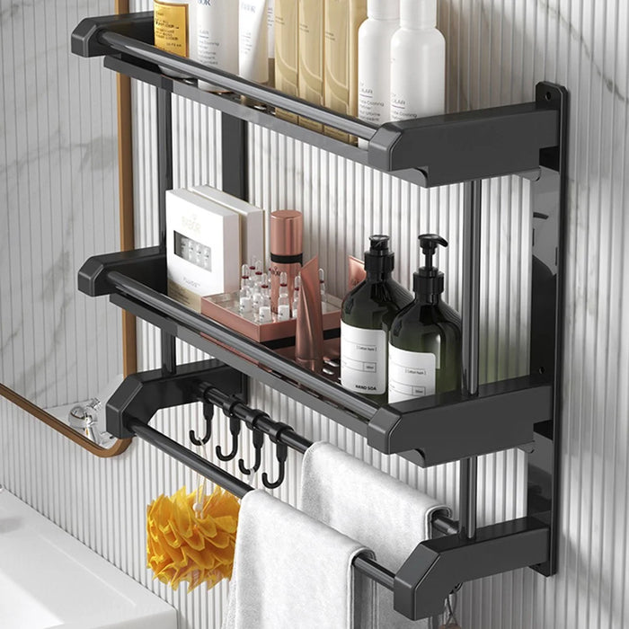 Dual Layer 50cm Bathroom Towel Rack Organizer Stainless Steel Wall Mounted Storage Shelf with 6 Hooks - Black - 5