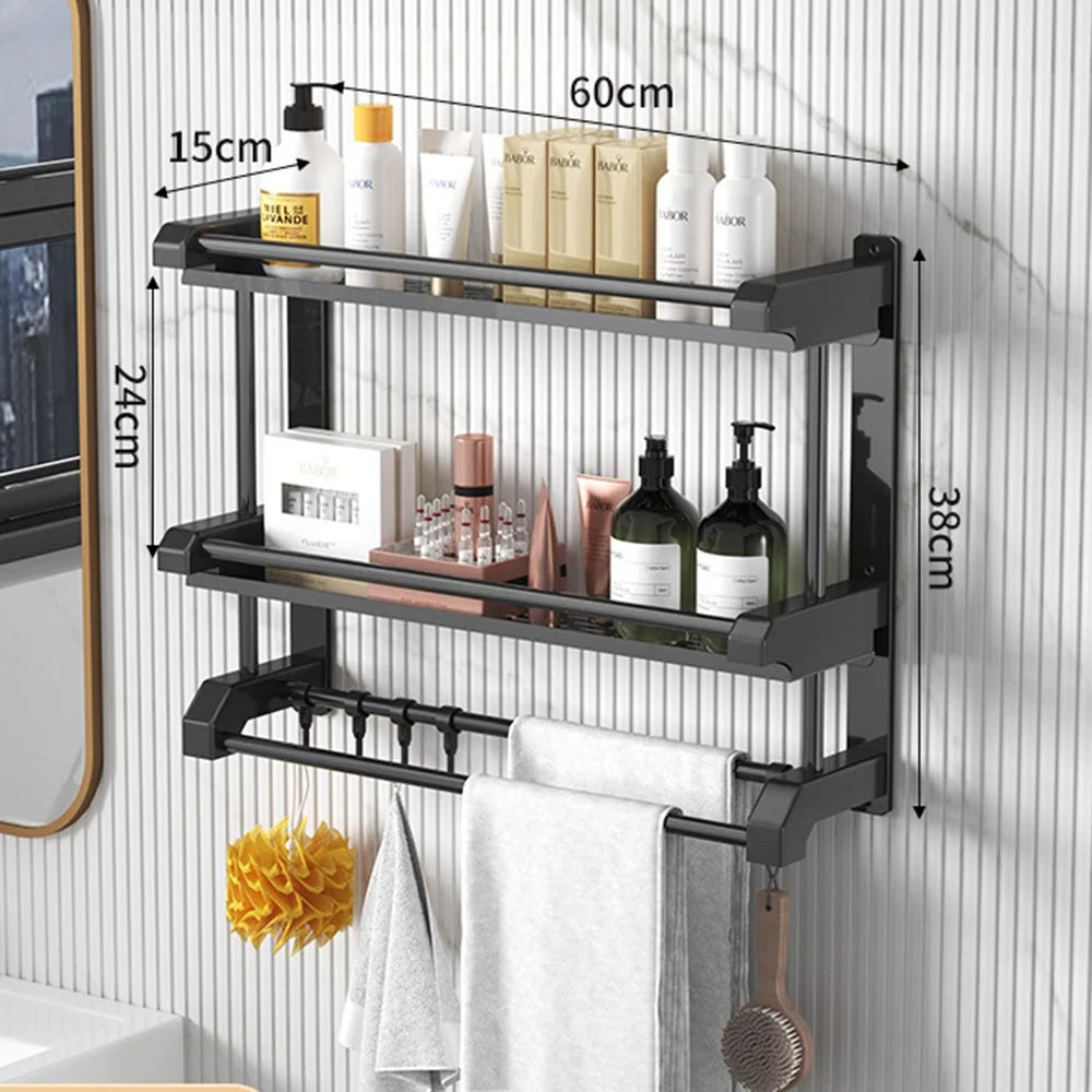 Dual Layer 60cm Bathroom Towel Rack Organizer Stainless Steel Wall Mounted Storage Shelf with 6 Hooks - Black - 3