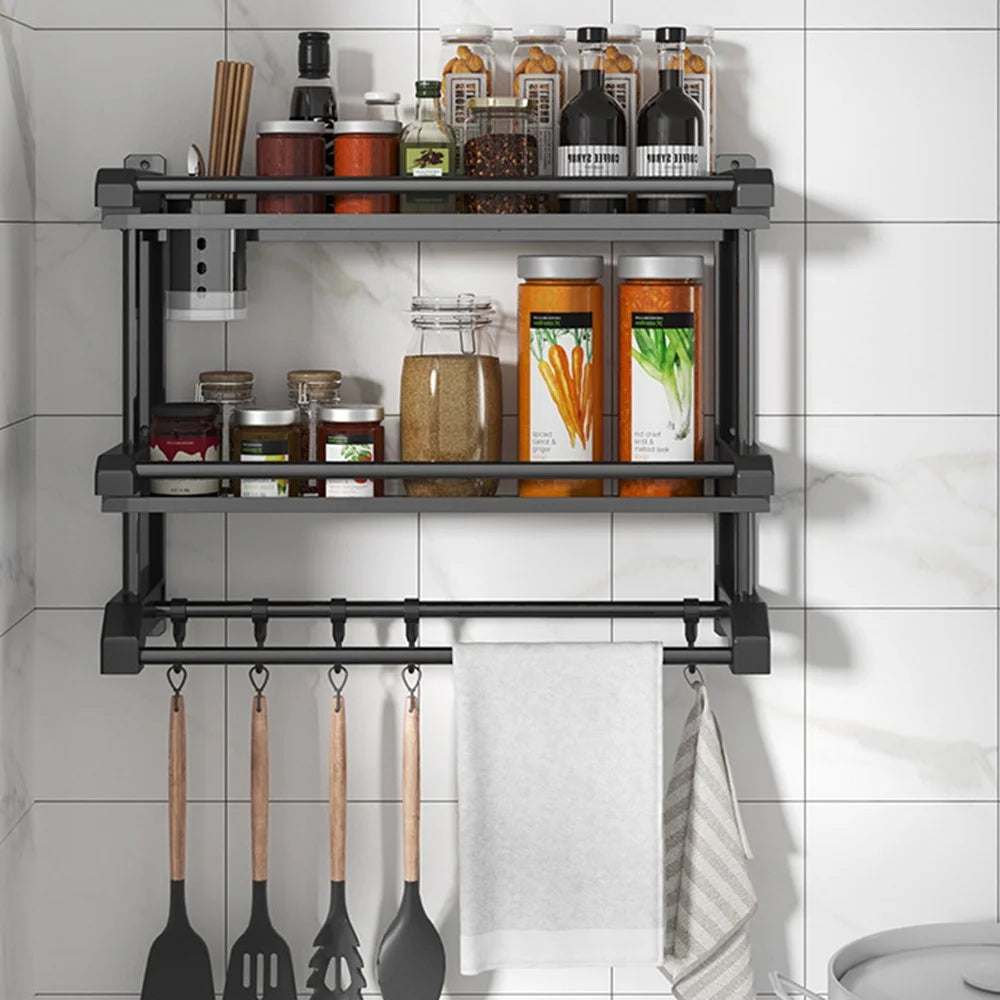 Dual Layer 60cm Bathroom Towel Rack Organizer Stainless Steel Wall Mounted Storage Shelf with 6 Hooks - Black - 4