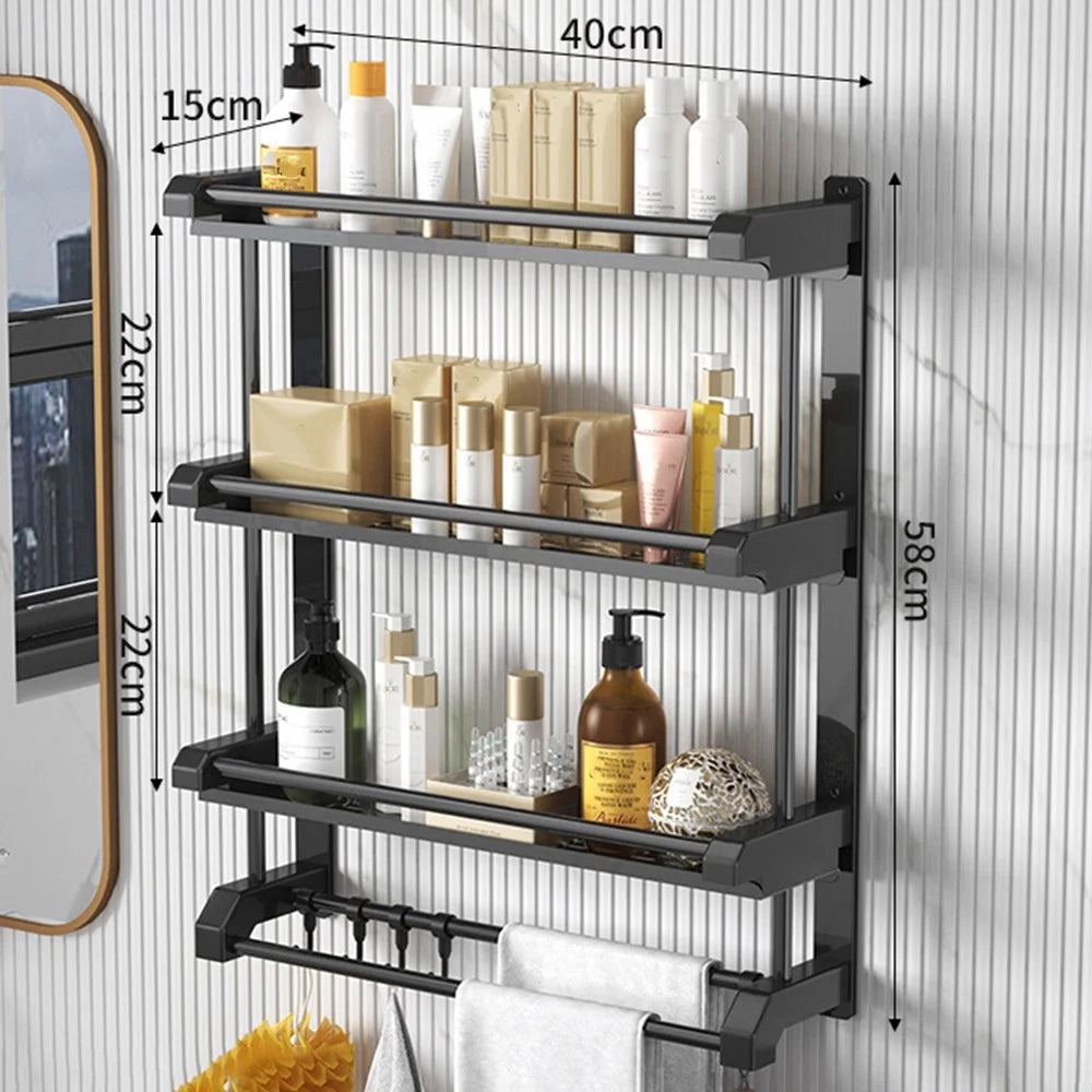 3-Layer 40cm Bathroom Towel Rack Organizer Stainless Steel Wall Mounted Storage Shelf with 6 Hooks - Black - 1