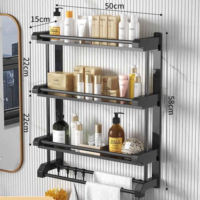 3-Layer 50cm Bathroom Towel Rack Organizer Stainless Steel Wall Mounted Storage Shelf with 6 Hooks - Black - 1