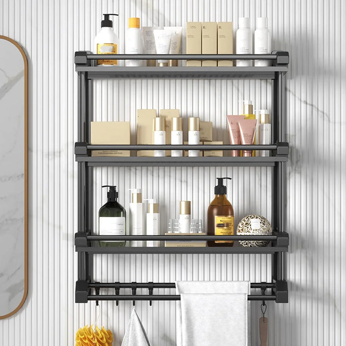 3-Layer 50cm Bathroom Towel Rack Organizer Stainless Steel Wall Mounted Storage Shelf with 6 Hooks - Black - 3