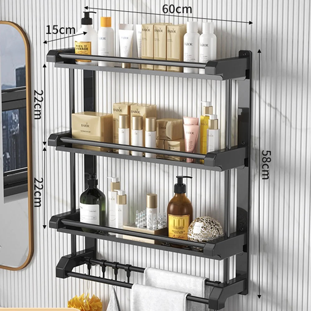 3-Layer 60cm Bathroom Towel Rack Organizer Stainless Steel Wall Mounted Storage Shelf with 6 Hooks - Black - 1