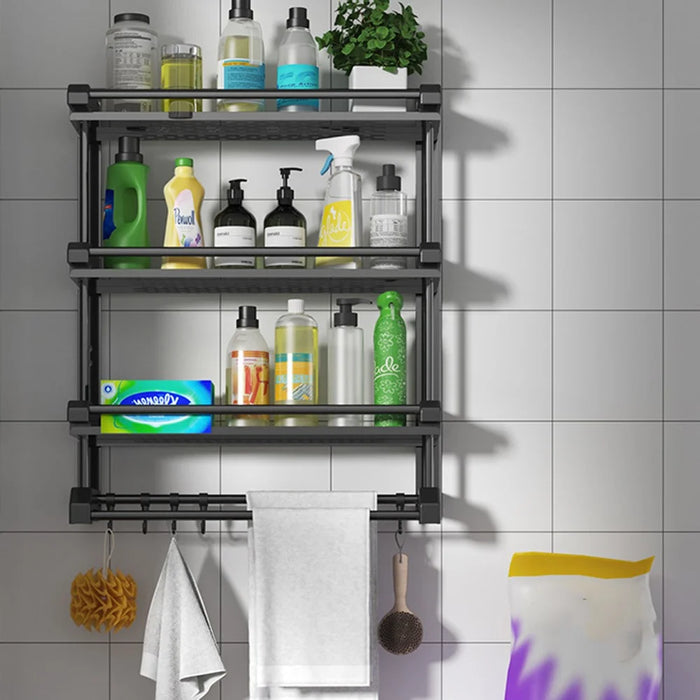 3-Layer 60cm Bathroom Towel Rack Organizer Stainless Steel Wall Mounted Storage Shelf with 6 Hooks - Black - 7