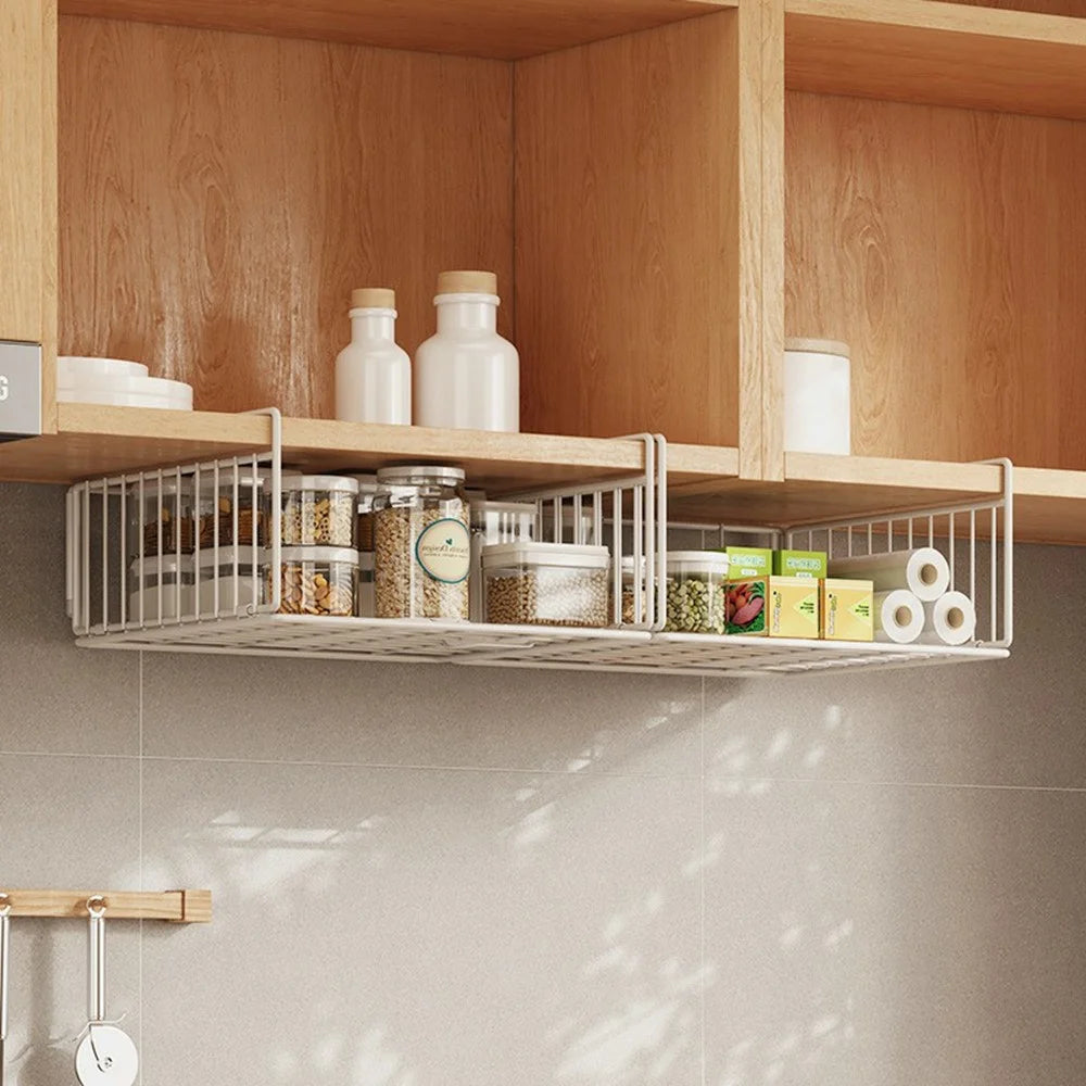 Under Cabinet Hanging Basket Carbon Steel Kitchen Storage Rack Organizer Shelf - White - 2