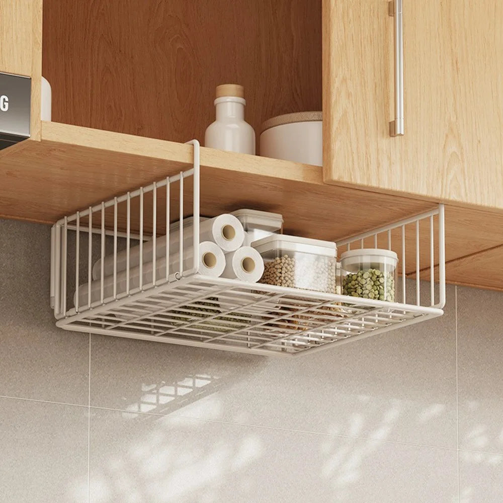 Under Cabinet Hanging Basket Carbon Steel Kitchen Storage Rack Organizer Shelf - White - 3
