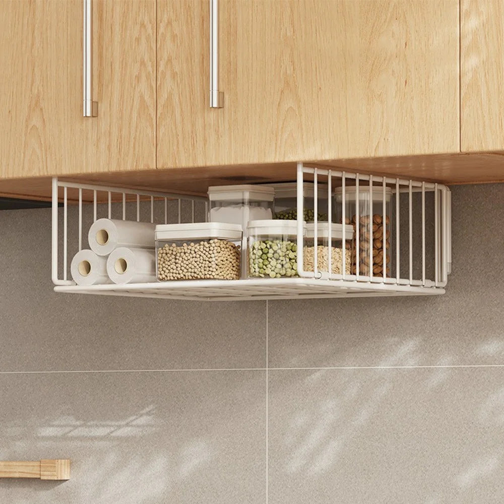 Under Cabinet Hanging Basket Carbon Steel Kitchen Storage Rack Organizer Shelf - White - 4