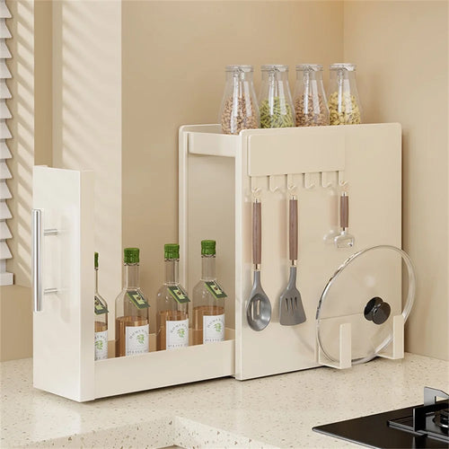 11.5cm Depth 2 Tier Kitchen Countertop Pull-out Spice Rack with Magnetic Hook and Chopping Board Holder , Carbon Steel Organizer - White - 1