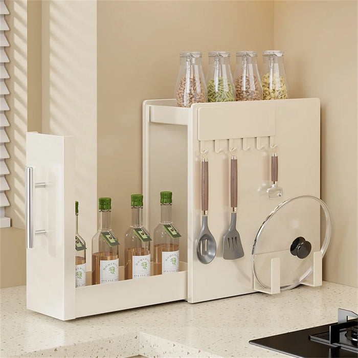 11.5cm Depth 2 Tier Kitchen Countertop Pull-out Spice Rack with Magnetic Hook and Chopping Board Holder , Carbon Steel Organizer - White - 1