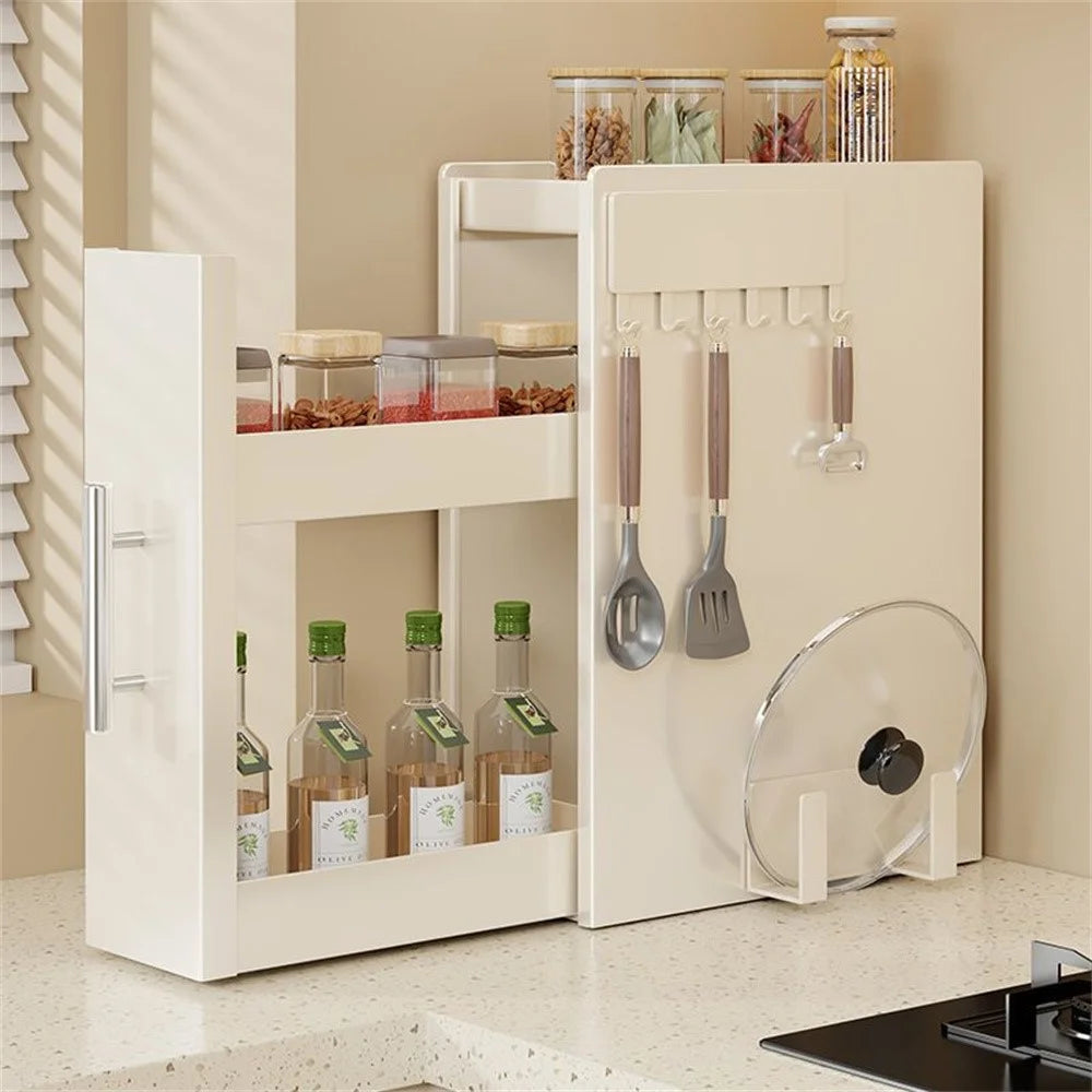 11.5cm Depth 3 Tier Kitchen Countertop Pull-out Spice Rack with Magnetic Hook and Chopping Board Holder , Carbon Steel Organizer - White - 1