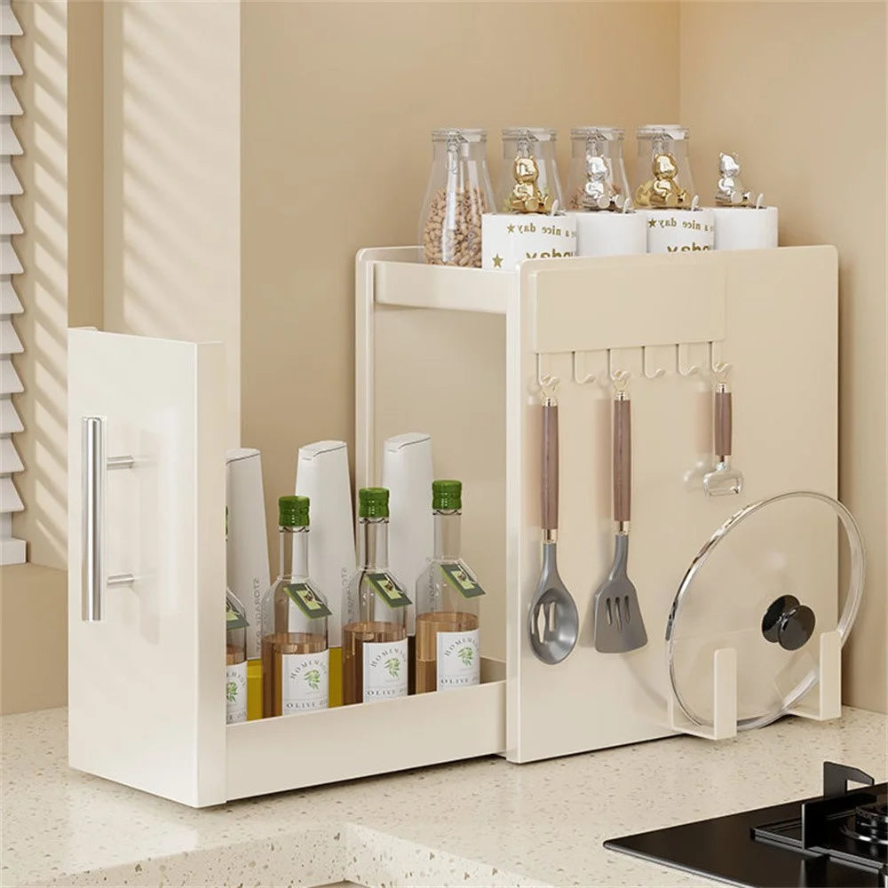 18.5cm Depth 2 Tier Kitchen Countertop Pull-out Spice Rack with Magnetic Hook and Chopping Board Holder , Carbon Steel Organizer - White - 1