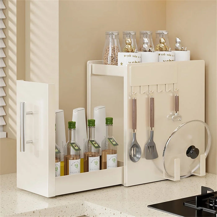 18.5cm Depth 2 Tier Kitchen Countertop Pull-out Spice Rack with Magnetic Hook and Chopping Board Holder , Carbon Steel Organizer - White - 1
