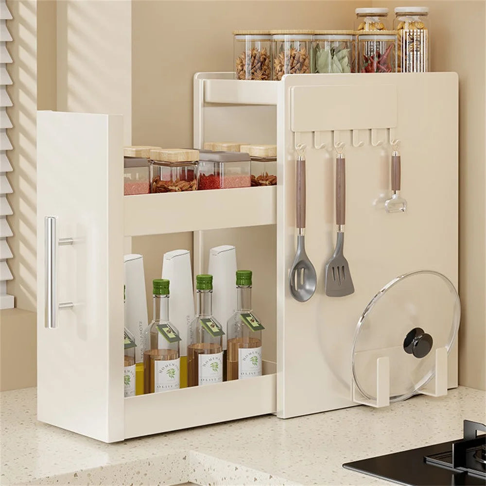 18.5cm Depth 3 Tier Kitchen Countertop Pull-out Spice Rack with Magnetic Hook and Chopping Board Holder , Carbon Steel Organizer - White - 1
