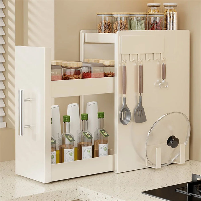 18.5cm Depth 3 Tier Kitchen Countertop Pull-out Spice Rack with Magnetic Hook and Chopping Board Holder , Carbon Steel Organizer - White - 1