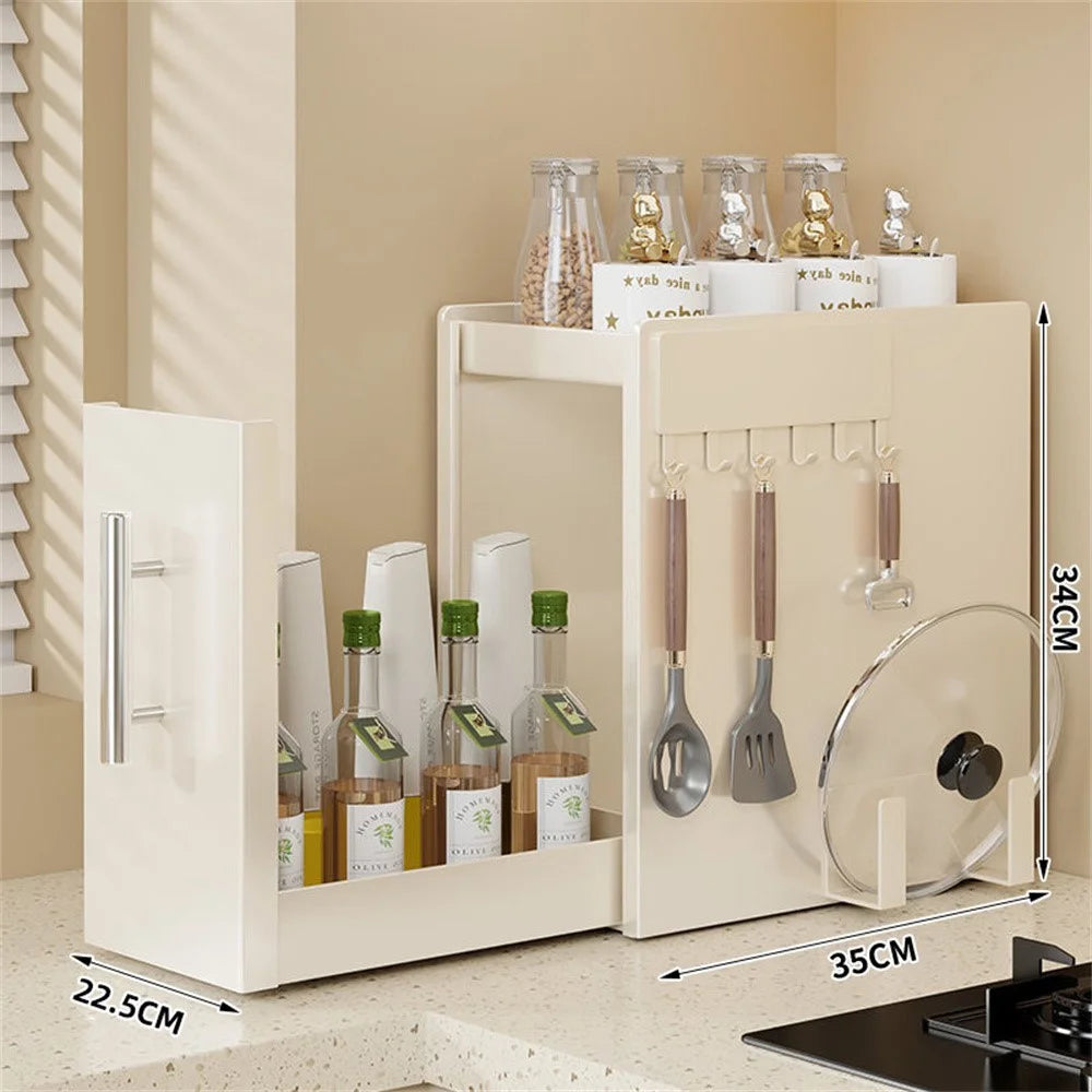 22.5cm Depth 2 Tier Kitchen Countertop Pull-out Spice Rack with Magnetic Hook and Chopping Board Holder , Carbon Steel Organizer - White - 1