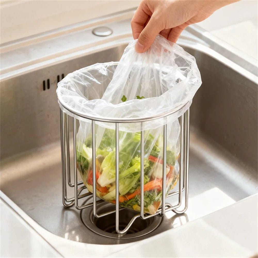 304 Stainless Steel Trash Bag Holder Rack Kitchen Countertop Garbage Rubbish Rack - Silver - 4