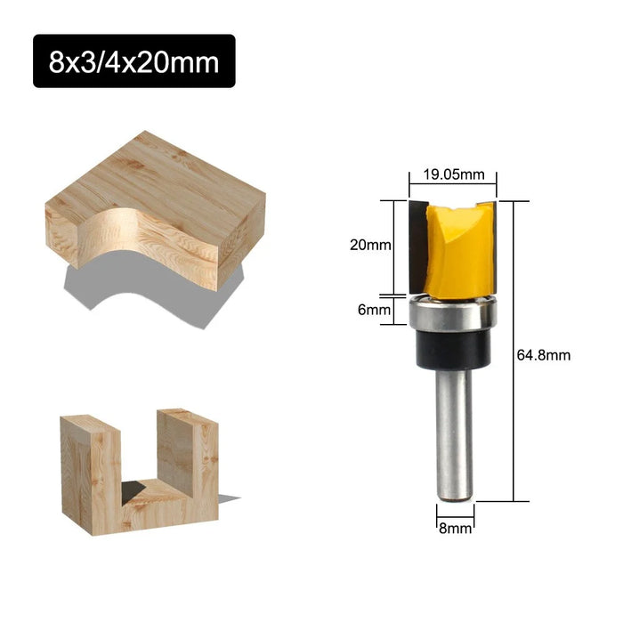 C08-013-081920 8x3 / 4x20mm Hard Alloy Straight Router Bit Woodworking Mill Trimmer Flush Bearing Trimming Cutter with Plastic Box - 5