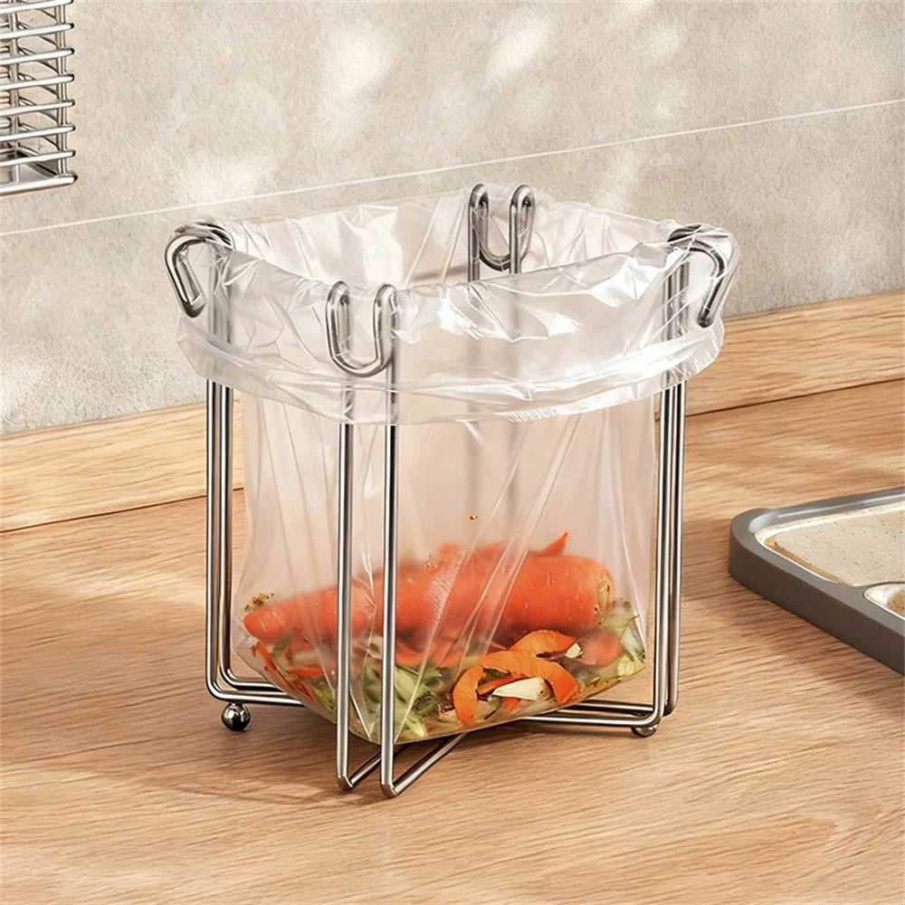 304 Stainless Steel Foldable Kitchen Garbage Bag Holder Stand Countertop Trash Support Rack - Silver - 2