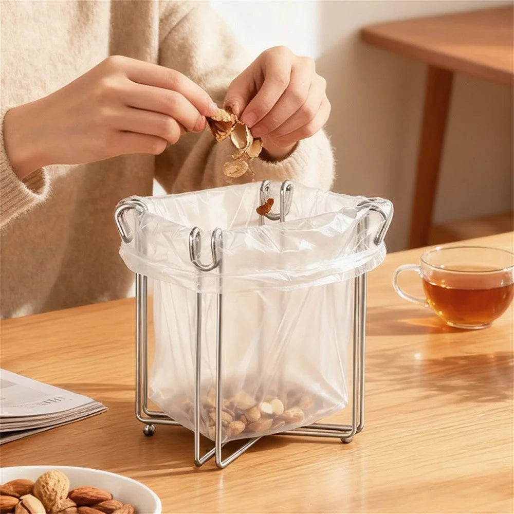 304 Stainless Steel Foldable Kitchen Garbage Bag Holder Stand Countertop Trash Support Rack - Silver - 3