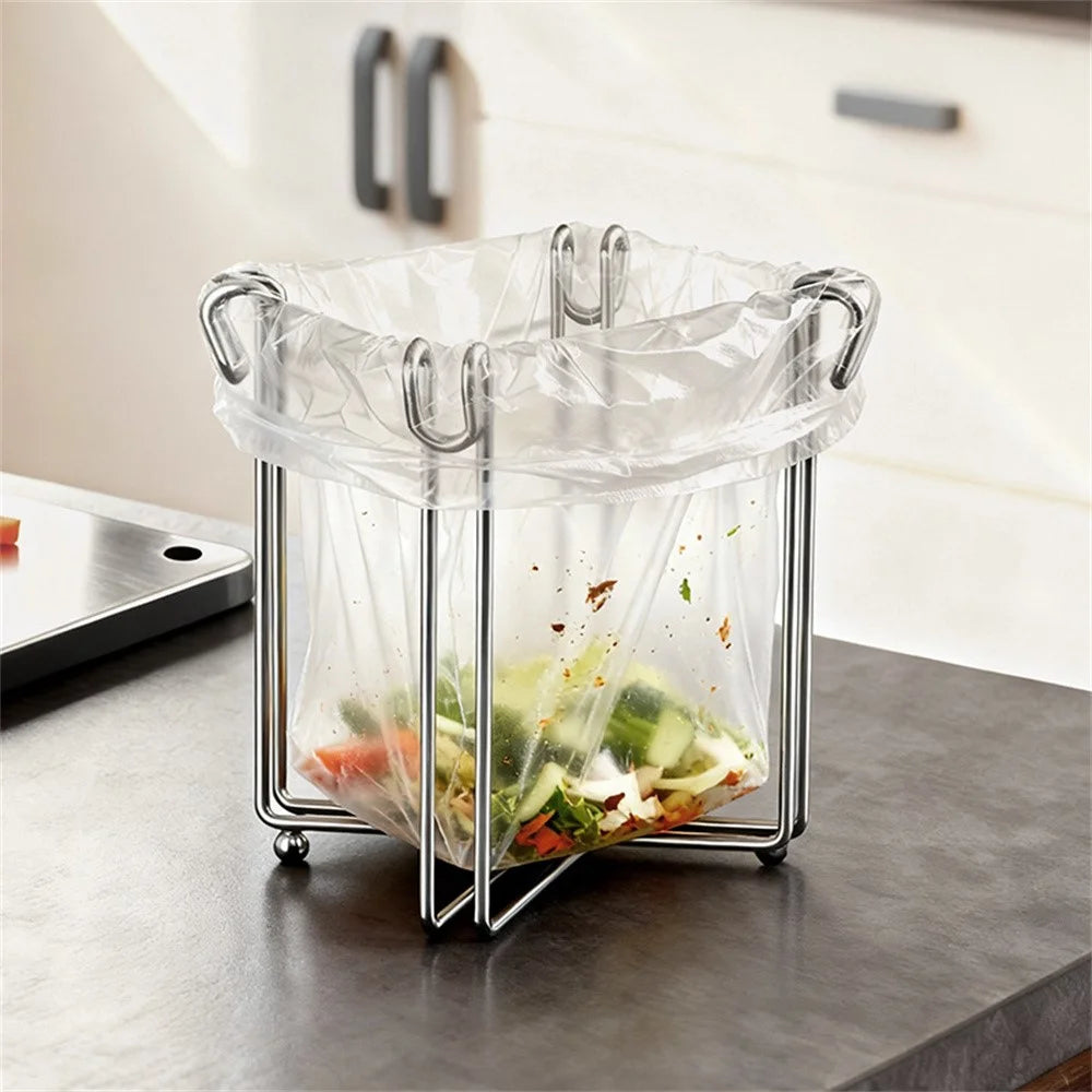 304 Stainless Steel Foldable Kitchen Garbage Bag Holder Stand Countertop Trash Support Rack - Silver - 4