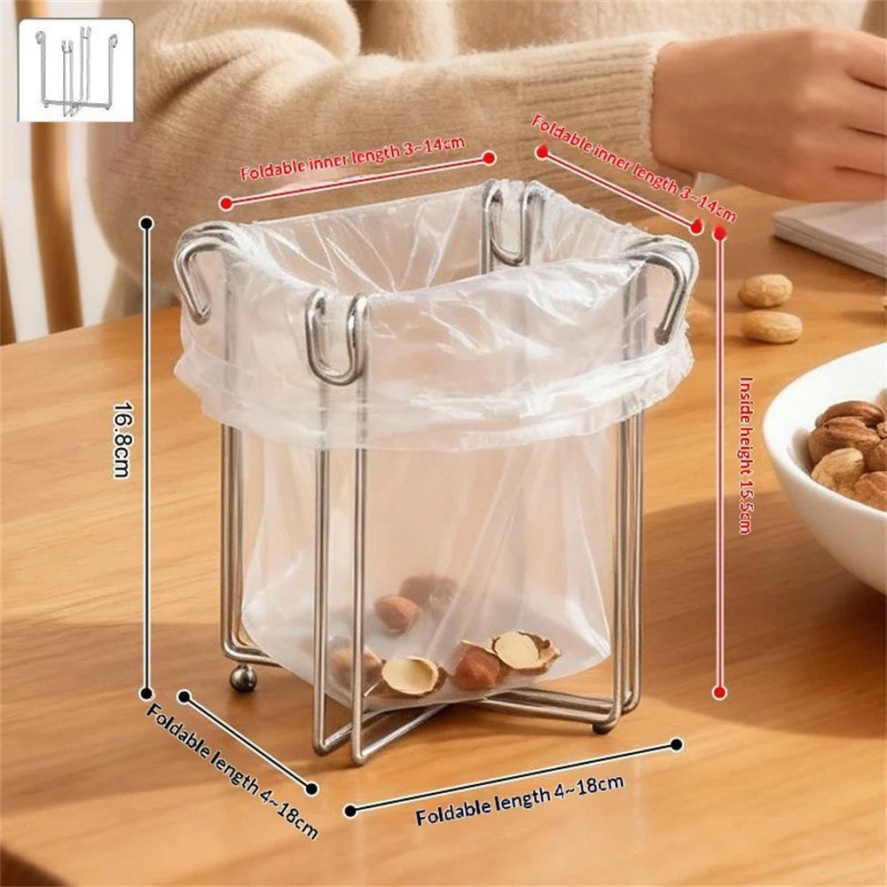 304 Stainless Steel Foldable Kitchen Garbage Bag Holder Stand Countertop Trash Support Rack - Silver - 6