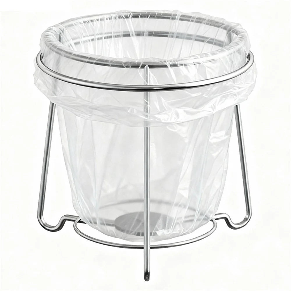 304 Stainless Steel Kitchen Countertop Trash Bag Holder Stand Desktop Round Garbage Bag Support Rack - Silver - 1