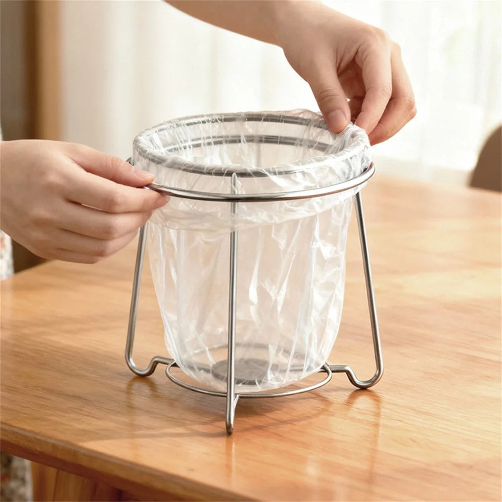 304 Stainless Steel Kitchen Countertop Trash Bag Holder Stand Desktop Round Garbage Bag Support Rack - Silver - 2