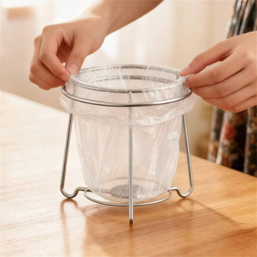 304 Stainless Steel Kitchen Countertop Trash Bag Holder Stand Desktop Round Garbage Bag Support Rack - Silver - 3