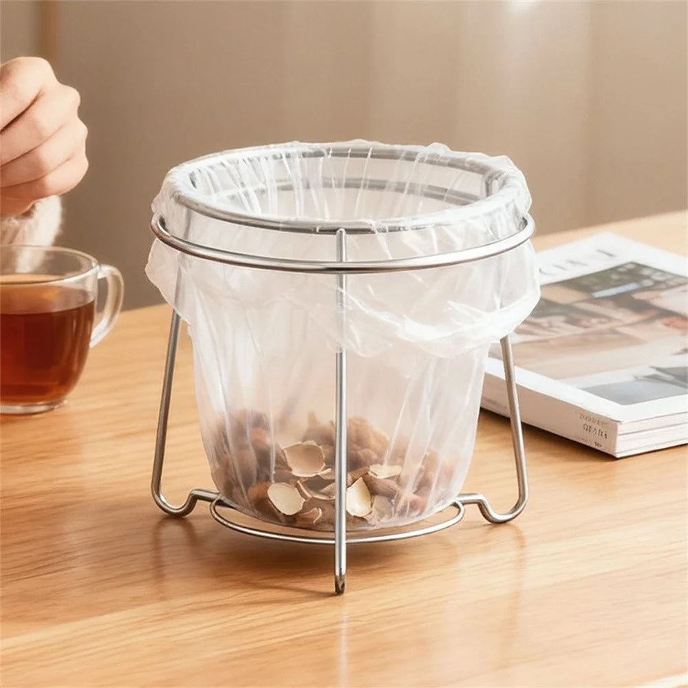 304 Stainless Steel Kitchen Countertop Trash Bag Holder Stand Desktop Round Garbage Bag Support Rack - Silver - 4