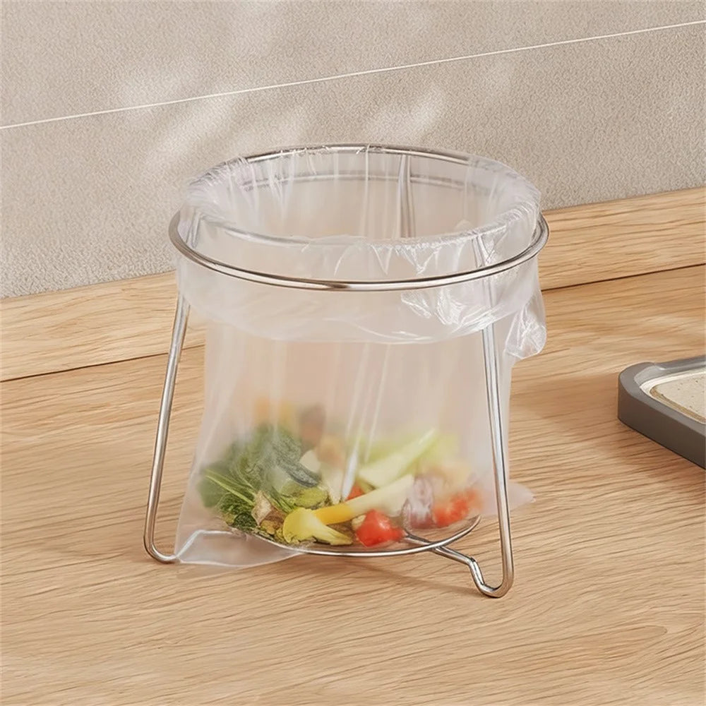 304 Stainless Steel Kitchen Countertop Trash Bag Holder Stand Desktop Round Garbage Bag Support Rack - Silver - 5