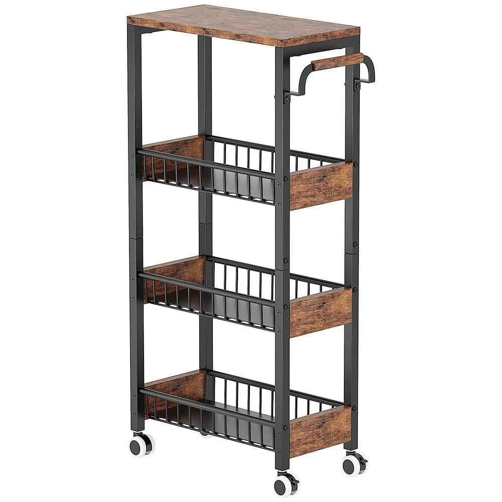 4 Tier Rolling Storage Cart Kitchen Bathroom Carbon Steel Organizer Rack with Wheels, Wood Side + Fenced Side - Black - 1