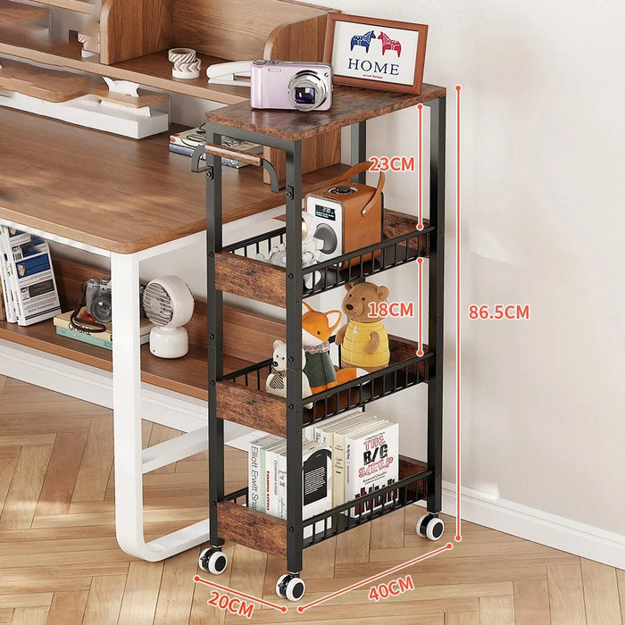 4 Tier Rolling Storage Cart Kitchen Bathroom Carbon Steel Organizer Rack with Wheels, Wood Side + Fenced Side - Black - 2