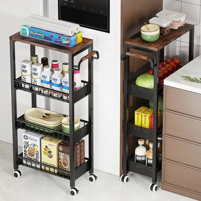 4 Tier Rolling Storage Cart Kitchen Bathroom Carbon Steel Organizer Rack with Wheels, Wood Side + Fenced Side - Black - 3
