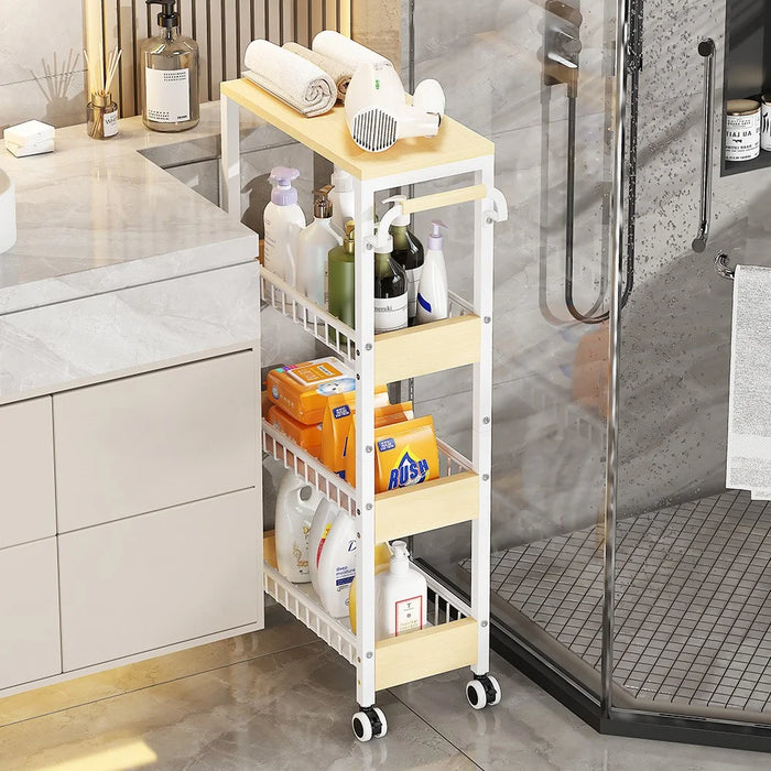 4 Tier Rolling Storage Cart Kitchen Bathroom Carbon Steel Organizer Rack with Wheels, Wood Side + Fenced Side - Black - 6
