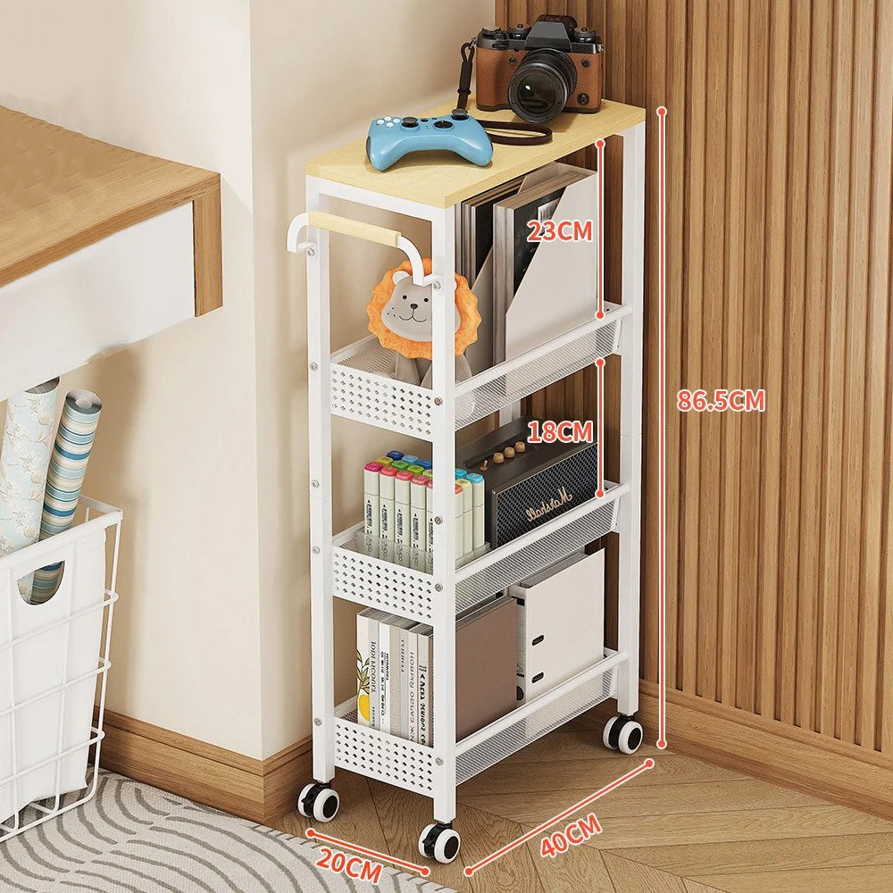 4 Tier Rolling Storage Cart Kitchen Bathroom Carbon Steel Organizer Rack with Wheels, Iron Plate Side + Mesh Side - White - 1