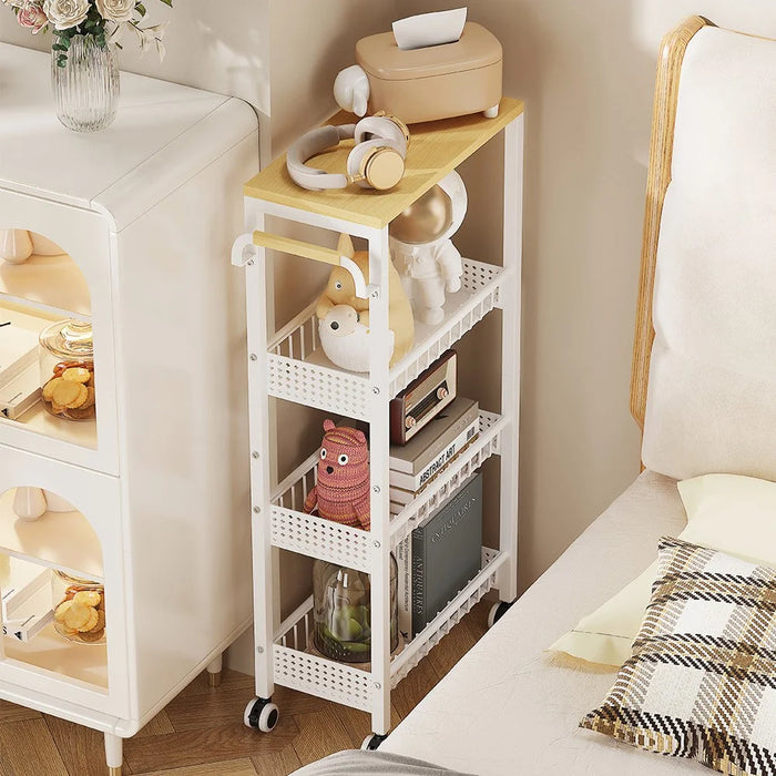 4 Tier Rolling Storage Cart Kitchen Bathroom Carbon Steel Organizer Rack with Wheels, Iron Plate Side + Mesh Side - White - 2