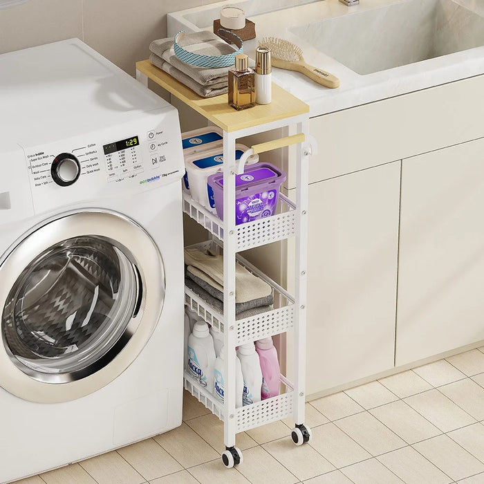 4 Tier Rolling Storage Cart Kitchen Bathroom Carbon Steel Organizer Rack with Wheels, Iron Plate Side + Mesh Side - White - 3