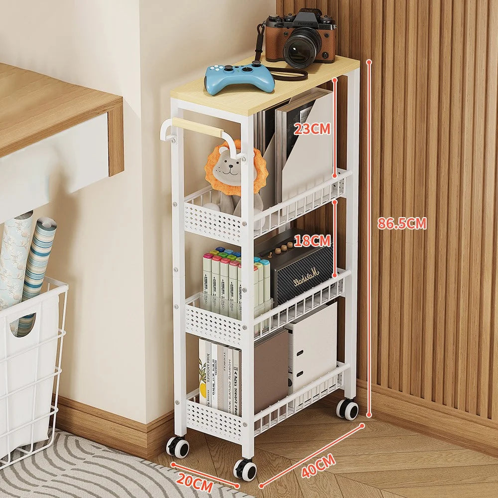 4 Tier Rolling Storage Cart Kitchen Bathroom Carbon Steel Organizer Rack with Wheels, Iron Plate Side + Fenced Side - White - 1