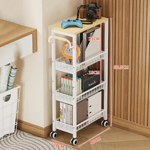 4 Tier Rolling Storage Cart Kitchen Bathroom Carbon Steel Organizer Rack with Wheels, Iron Plate Side + Fenced Side - White - 1
