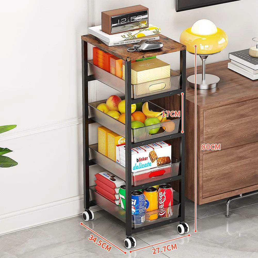 34.5 x 27.7 x 80cm Size L Kitchen Gap Storage Rack Multi Layer Rolling Cart with Wheels / Four Drawers - Black + Coffee - 1